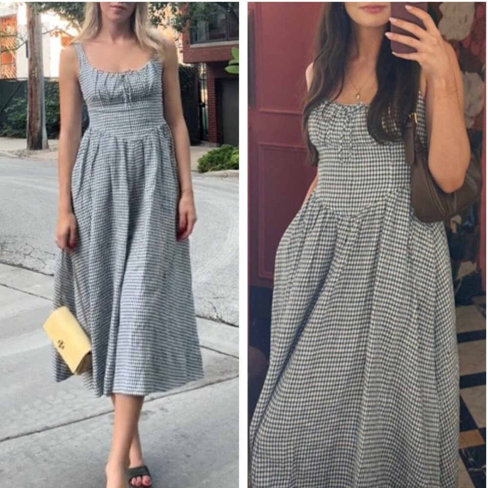 BEST Reformation Balia Linen Midi Dress Sz0 Slate Check Linen Vacation Party - Picture 3 of 13